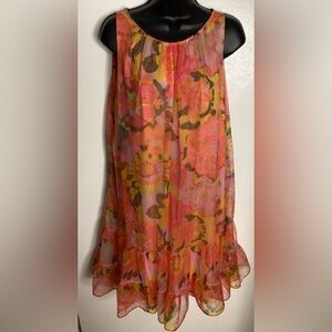 Vintage Vibrant Retro Floral Chiffon Lined Babydoll Nightgown M/L
